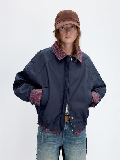 RUN TO THE FUTURE Retro Zipper Pocket Design Loose Fit Commuter Navy Solid Track Jackets