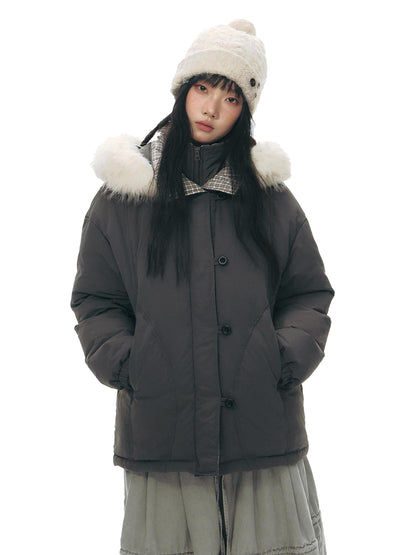 NAPSNAPS White Fur Hooded Double Collar Faux Two Piece Women&