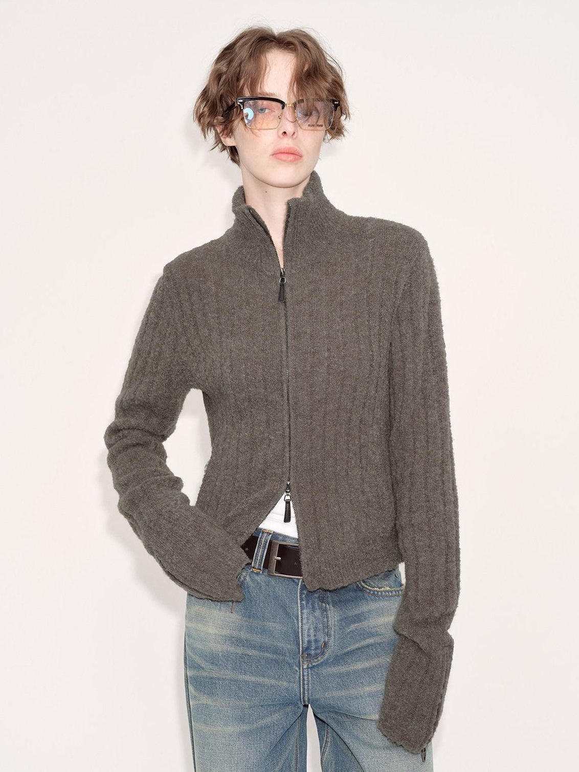 RUN TO THE FUTURE Acrylic Wool Blend Slim Zip High Neck Office Cropped Olive Cardigans