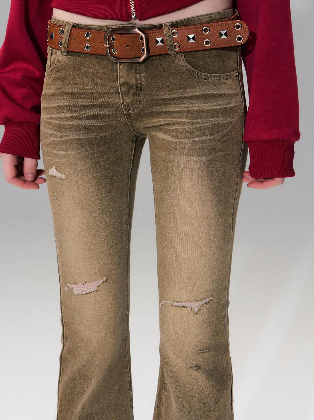 The NeverMore Brown Washed Low Rise Ripped Sexy Slim Fit Cotton Slight Stretch Womens Jeans