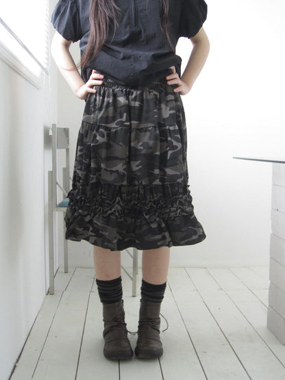 ang project Camouflage Ruffle Edge Patchwork Elastic Waist Women&