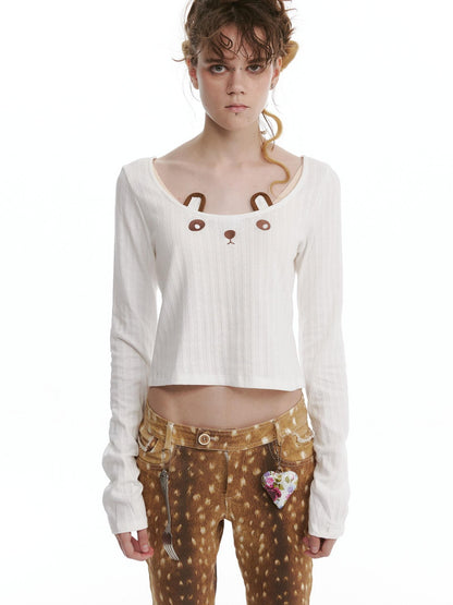 nit alcove Pure Cotton Long Sleeve Casual Cute Bear Women Off Shoulder Crop Tops