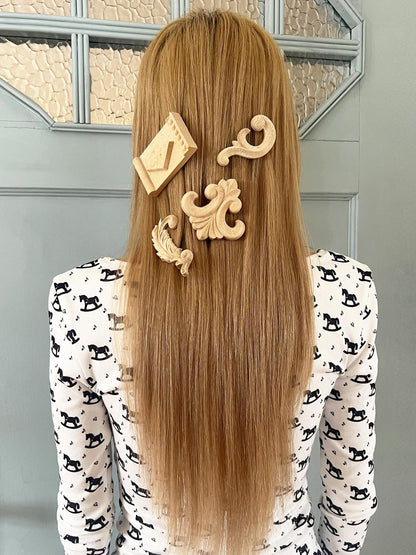 nit alcove Strong Hold Wooden Side Clips Set Natural Wood Grain Laser Grip Hair Accessories