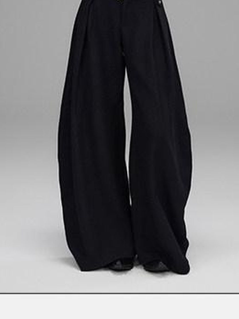 Low pixel Black Wool Blend Low Rise Zipper Casual Straight Hem Women Wide Leg Pants