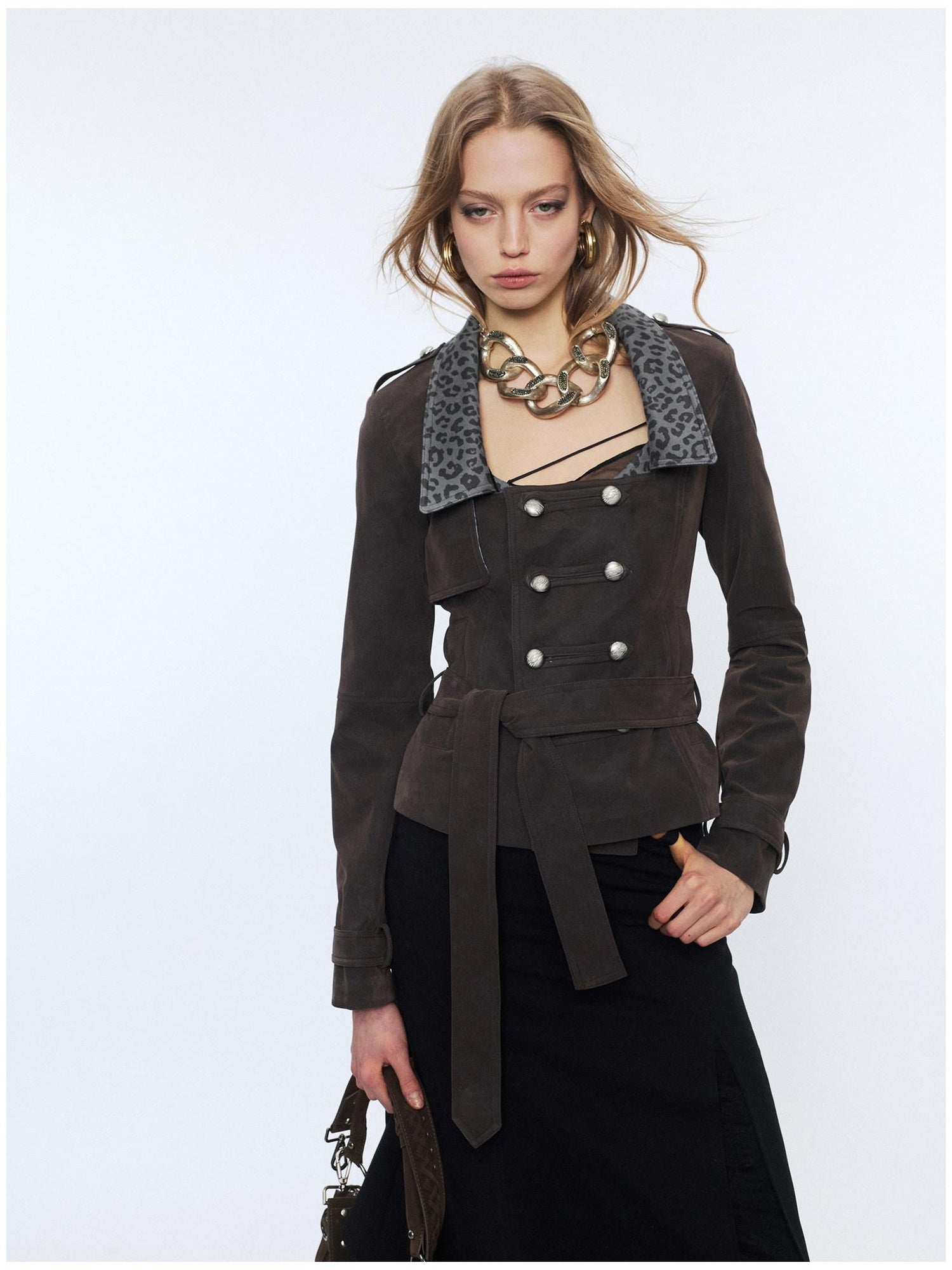 2th Desire Waist Cinch Punk Leopard Print Slim Fit Zip Short Women Trench Coats