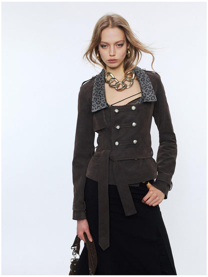2th Desire Waist Cinch Punk Leopard Print Slim Fit Zip Short Women Trench Coats