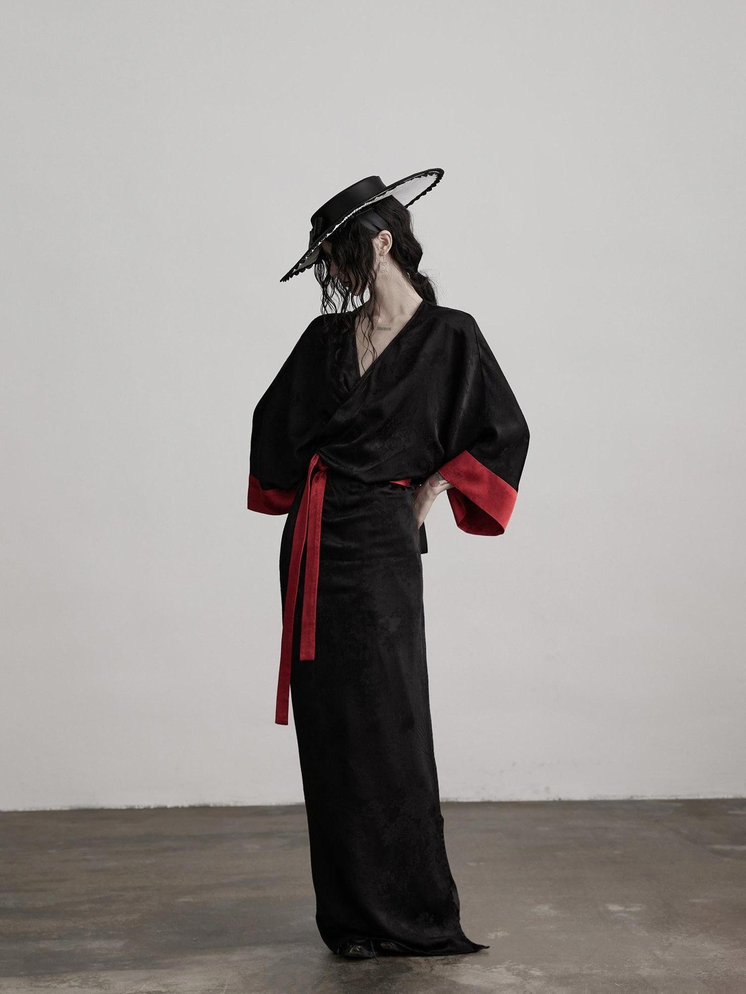 INDULGE Gothic V-neck Viscose Flared Loose Casual Womens Black Trench Coats