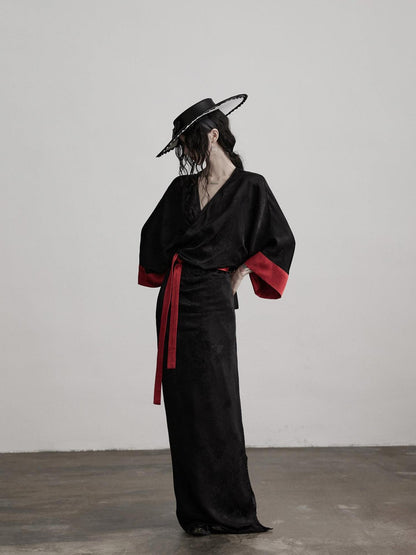 INDULGE Gothic V-neck Viscose Flared Loose Casual Womens Black Trench Coats