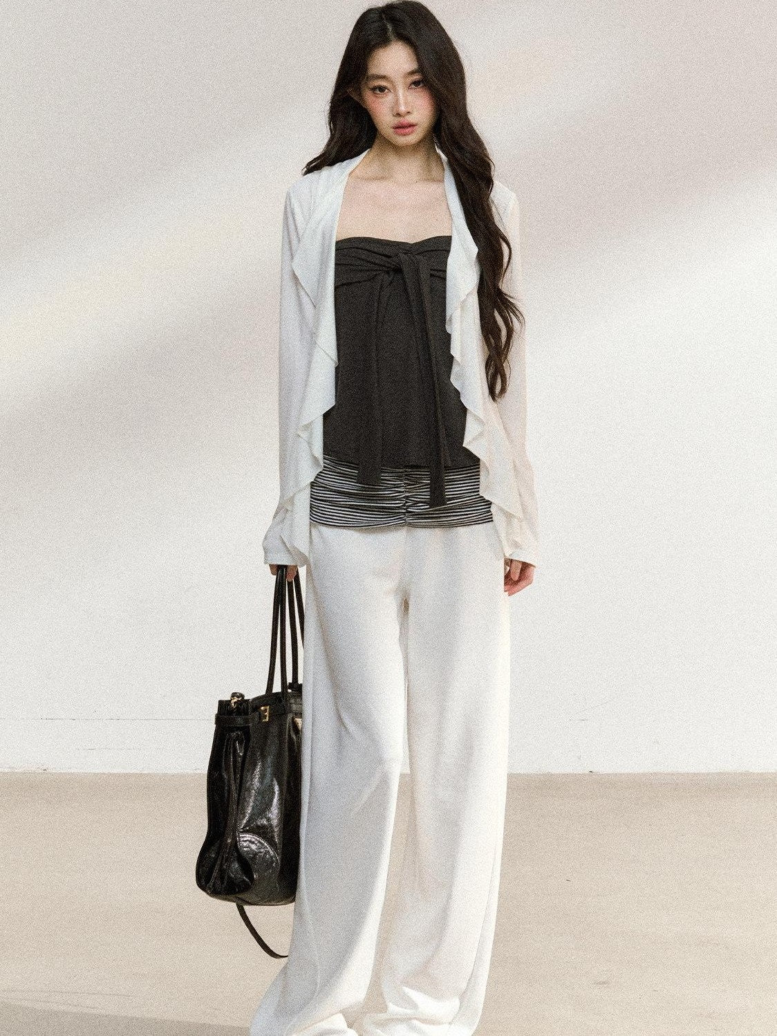 7Shiftin Two Piece V-neck Long Sleeve Casual Layered Set Women White Gray Blouses