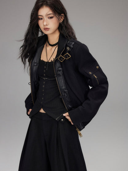 Low pixel Slim Fit Gothic V-neck Paneled Knit Black Womens Everyday Long Sleeve Crop Tops