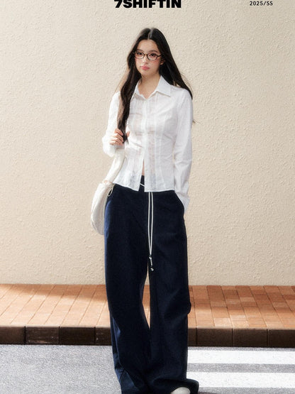 7Shiftin Versatile Minimal Straight Cut Natural Elastic Waist Women Navy Wide Leg Pants