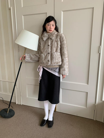 Dorydory Striped Turn Down Collar Eco Fur Textured Women&