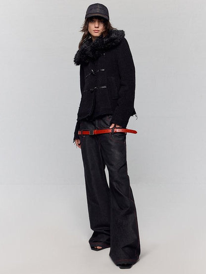 RUN TO THE FUTURE Low Rise Colorblock Loose Fit Zip Fly Black Denim Stretch Wide-Leg Jeans