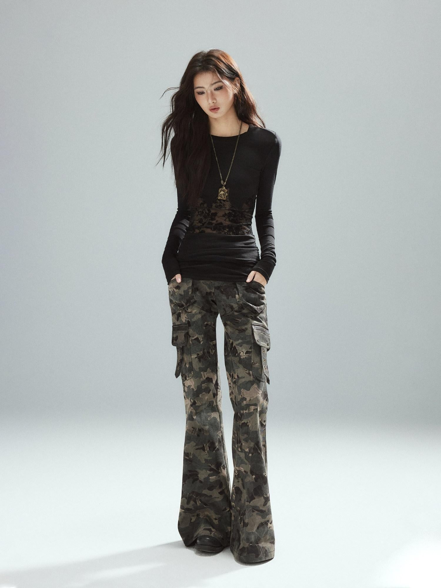 Low pixel Asymmetrical Patchwork Slim Streetwear Black Lyocell Long Sleeve T-Shirts