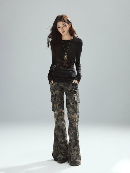 Low pixel Asymmetrical Patchwork Slim Streetwear Black Lyocell Long Sleeve T-Shirts