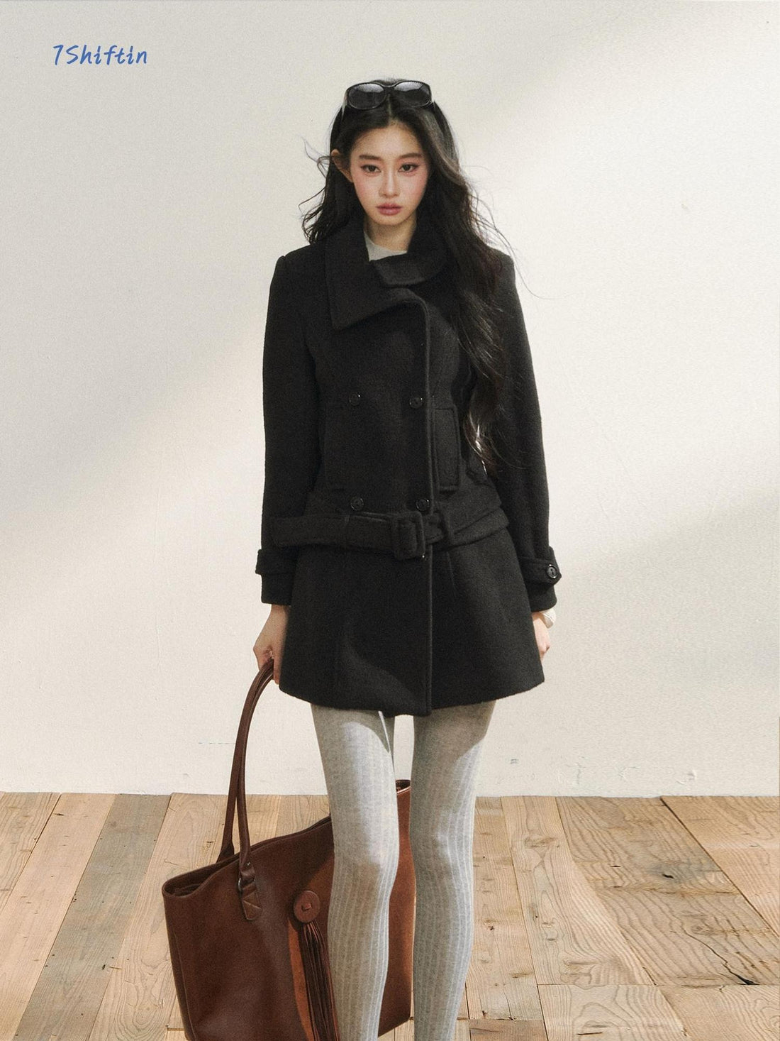 7Shiftin Detachable Wool Casual Cinched Waist Double Breasted Women Black Short Coat