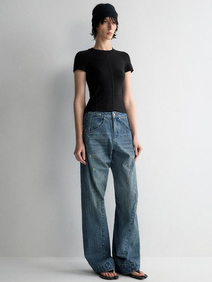 RUN TO THE FUTURE Ripped Washed Durable Low Rise Relaxed Fit Vintage Blue Wide-Leg Jeans