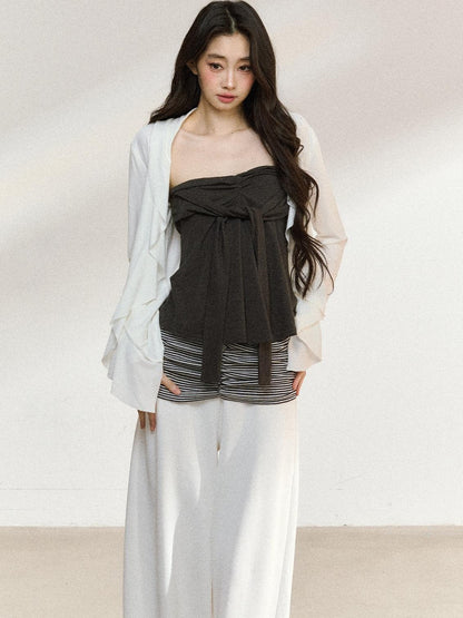 7Shiftin Two Piece V-neck Long Sleeve Casual Layered Set Women White Gray Blouses
