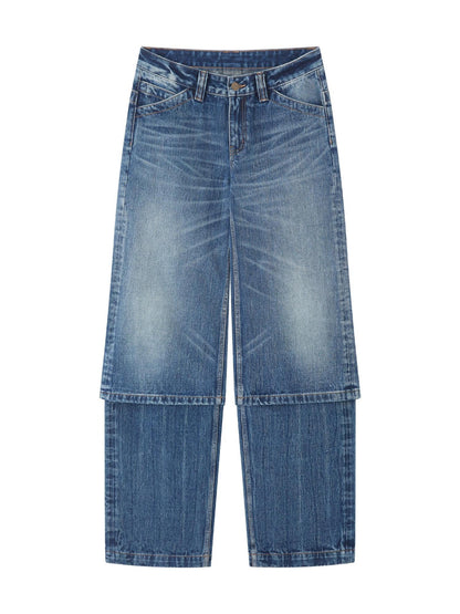 RUN TO THE FUTURE Washed Blue Denim Low Waist Relaxed Fit Casual Zipper Fly Wide-Leg Jeans