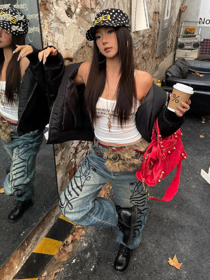 DETW onLine Washed Blue Embroidered Letter Print Baggy Women&