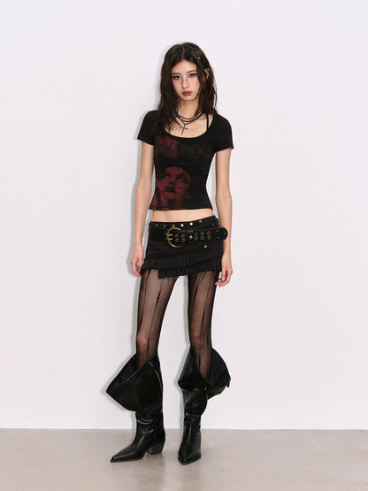 Low pixel Lyocell Cotton Blend Punk Printed Slim Fit Black Crop Tee Basic Crop Tops
