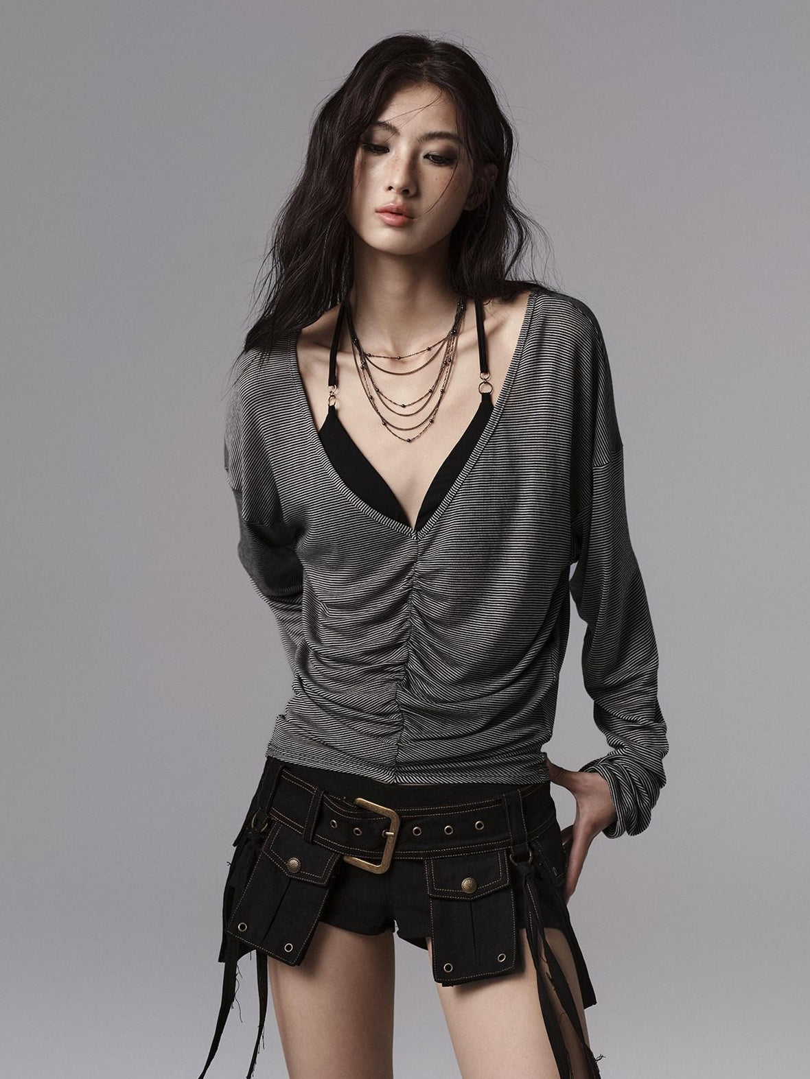 Low pixel Lyocell Blend Goth Fitted V-neck Striped Women Long Sleeve Crop Tops