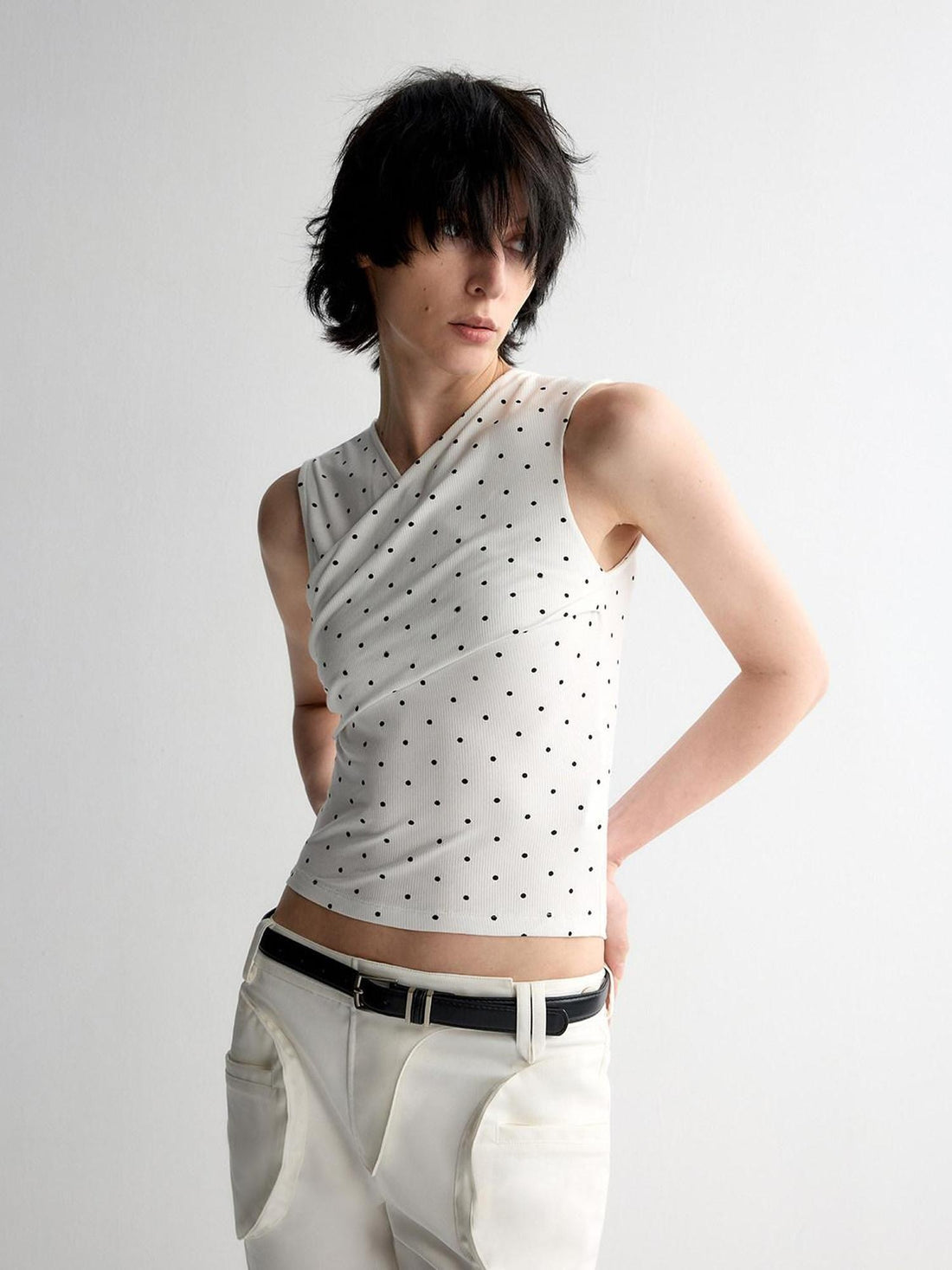 RUN TO THE FUTURE Original Design Slim Cropped Polka Dot Viscose Stretch Women Tank Tops