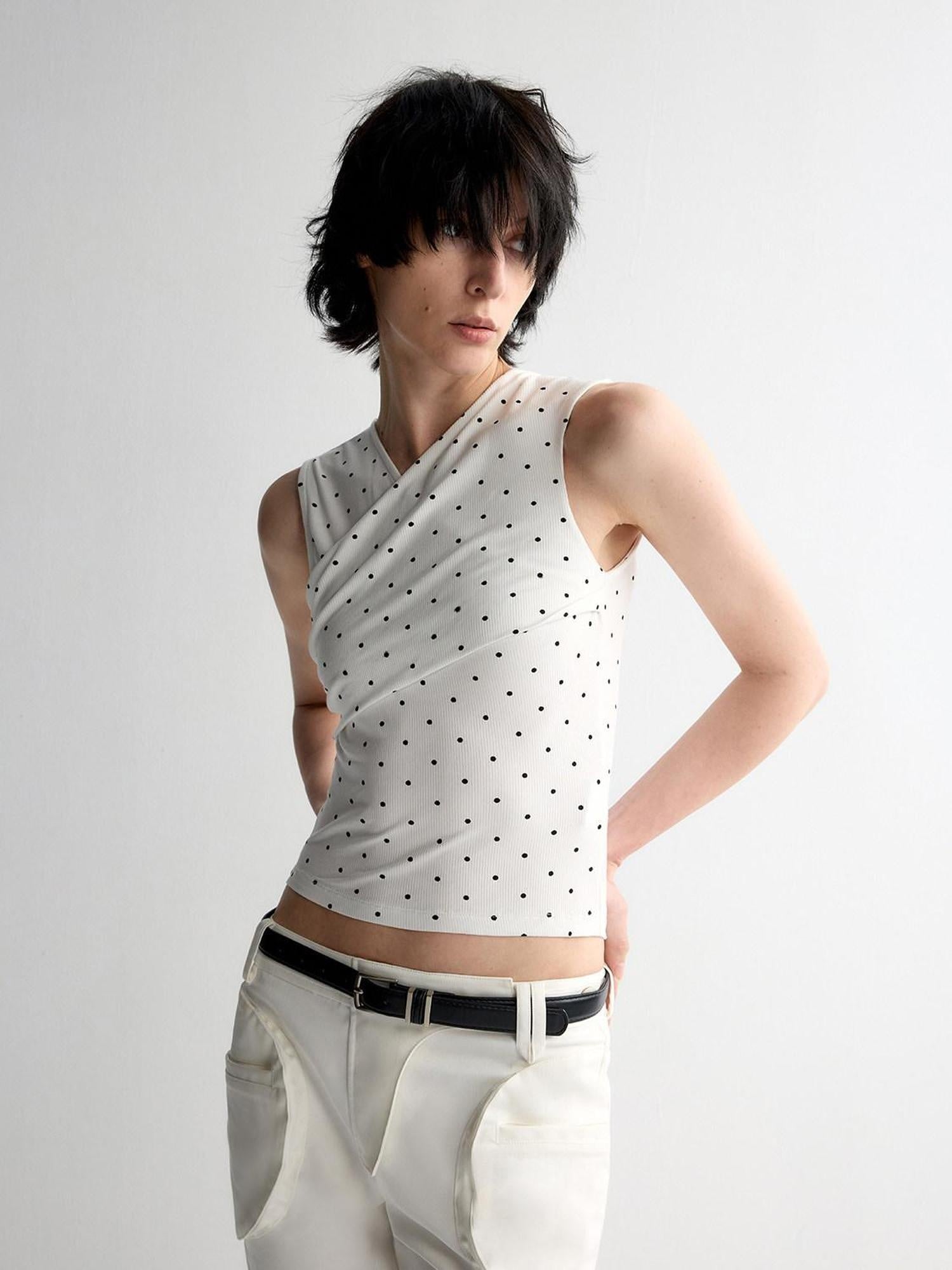 RUN TO THE FUTURE Original Design Slim Cropped Polka Dot Viscose Stretch Women Tank Tops