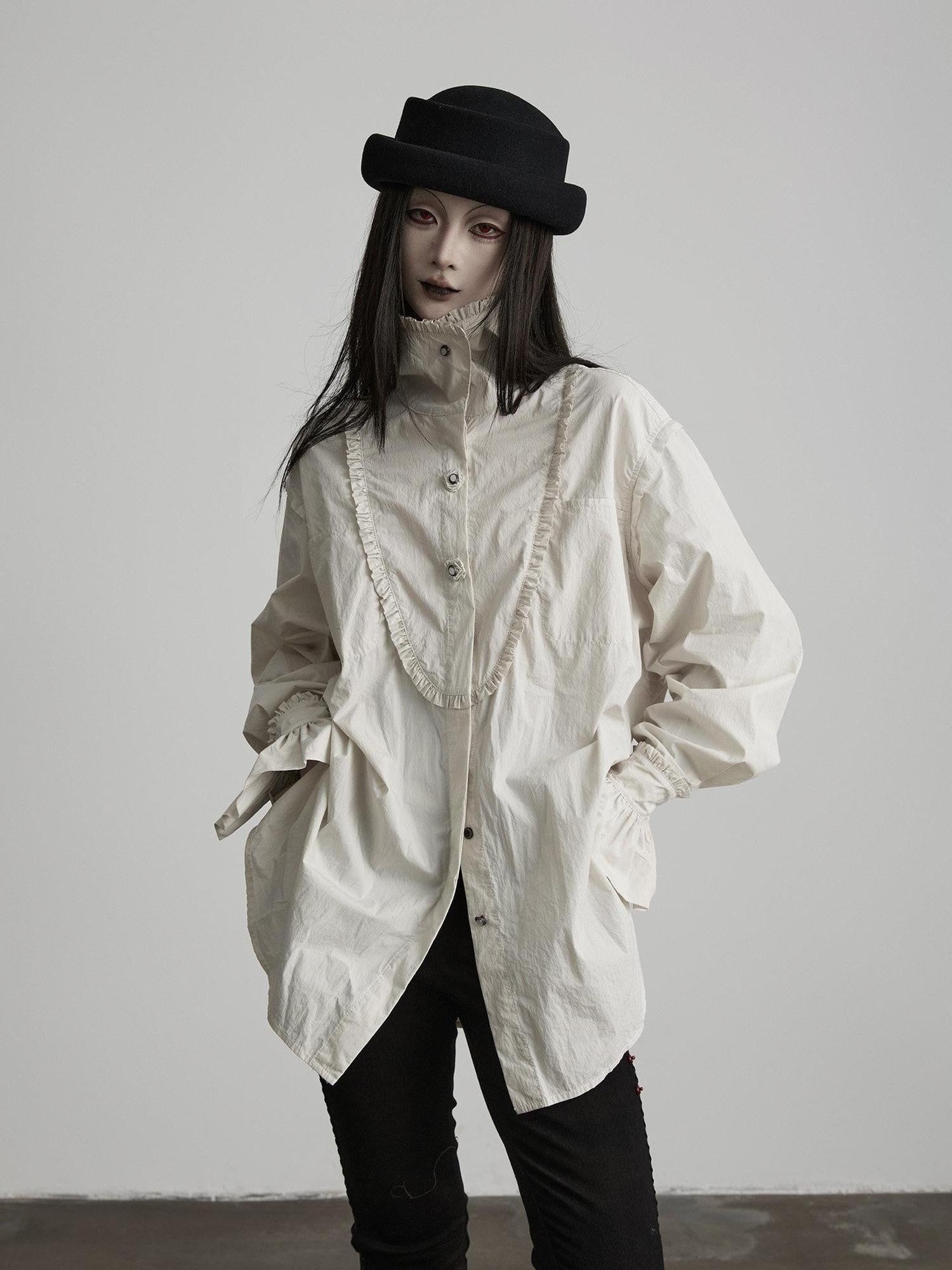 INDULGE Elegant Pleated Loose Fit Stand Collar Long Sleeve Cotton Blend Daily Blouses