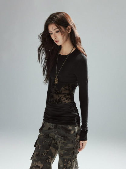 Low pixel Asymmetrical Patchwork Slim Streetwear Black Lyocell Long Sleeve T-Shirts