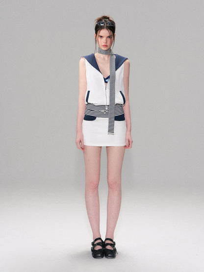 The NeverMore Contrast Printed Cotton Mid Waist Straight Bodycon Women White Mini Skirts