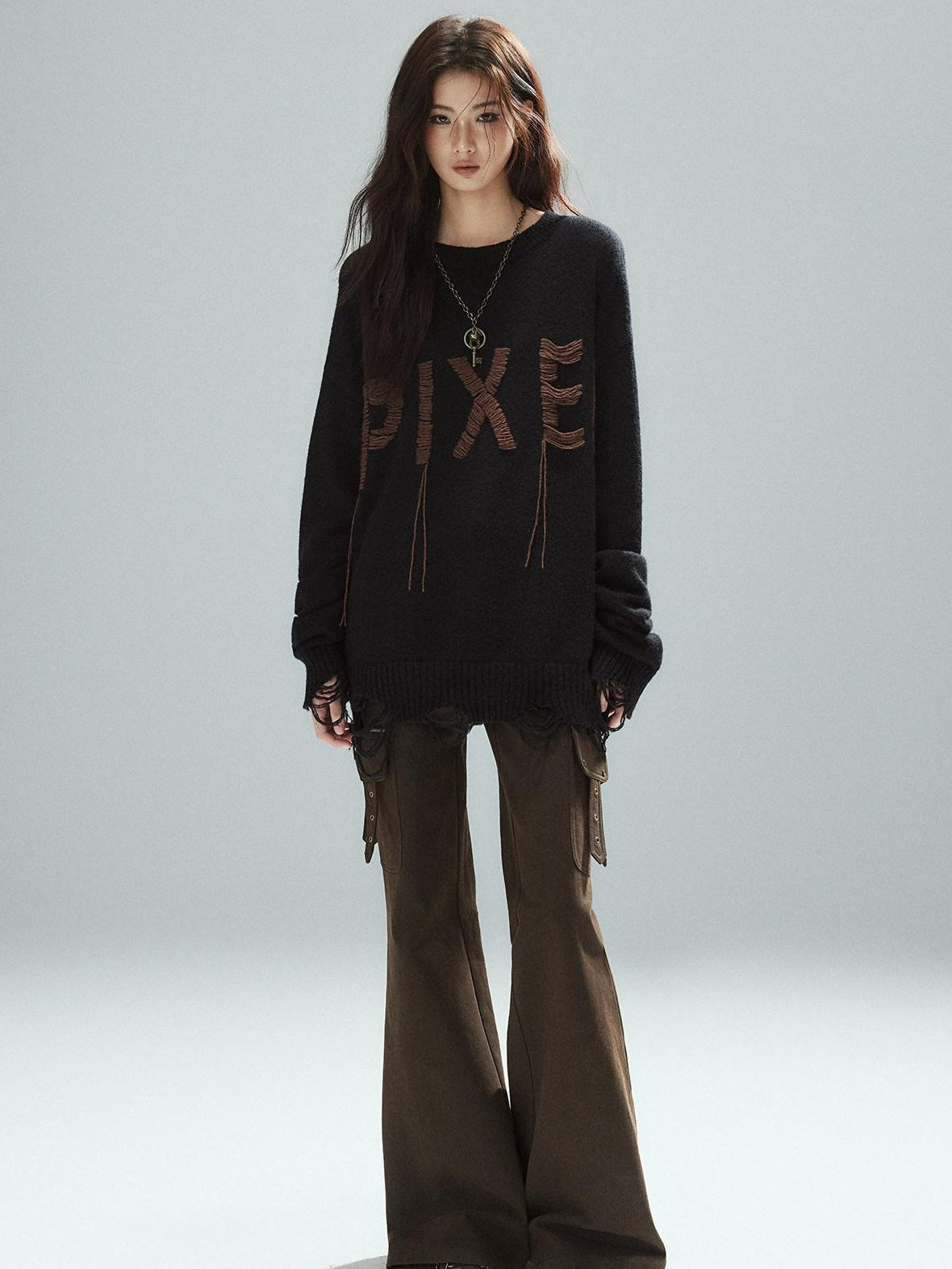 Low pixel Warm Oversized Street Style Distressed Hem Women Black Knit Pullover Sweaters