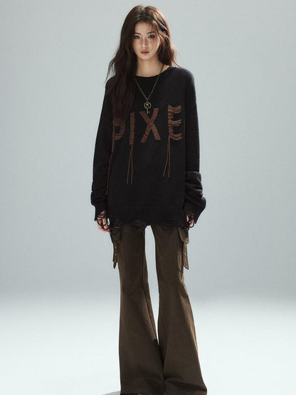 Low pixel Warm Oversized Street Style Distressed Hem Women Black Knit Pullover Sweaters