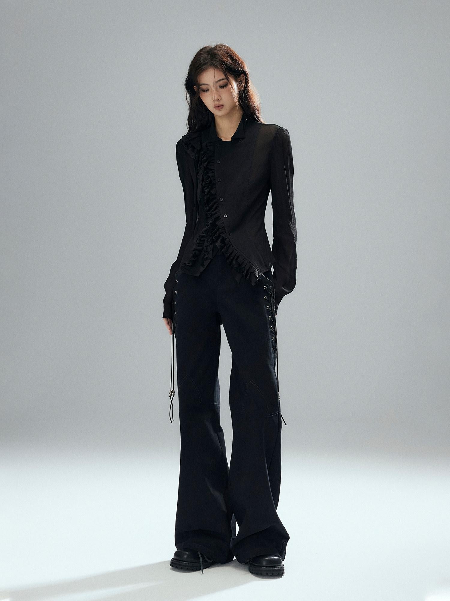 Low pixel Pure Cotton Low Rise Wide Leg Zipper Casual Womens Black Straight Pants