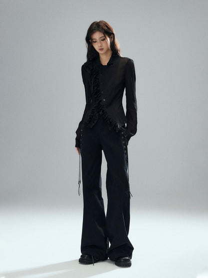 Low pixel Pure Cotton Low Rise Wide Leg Zipper Casual Womens Black Straight Pants