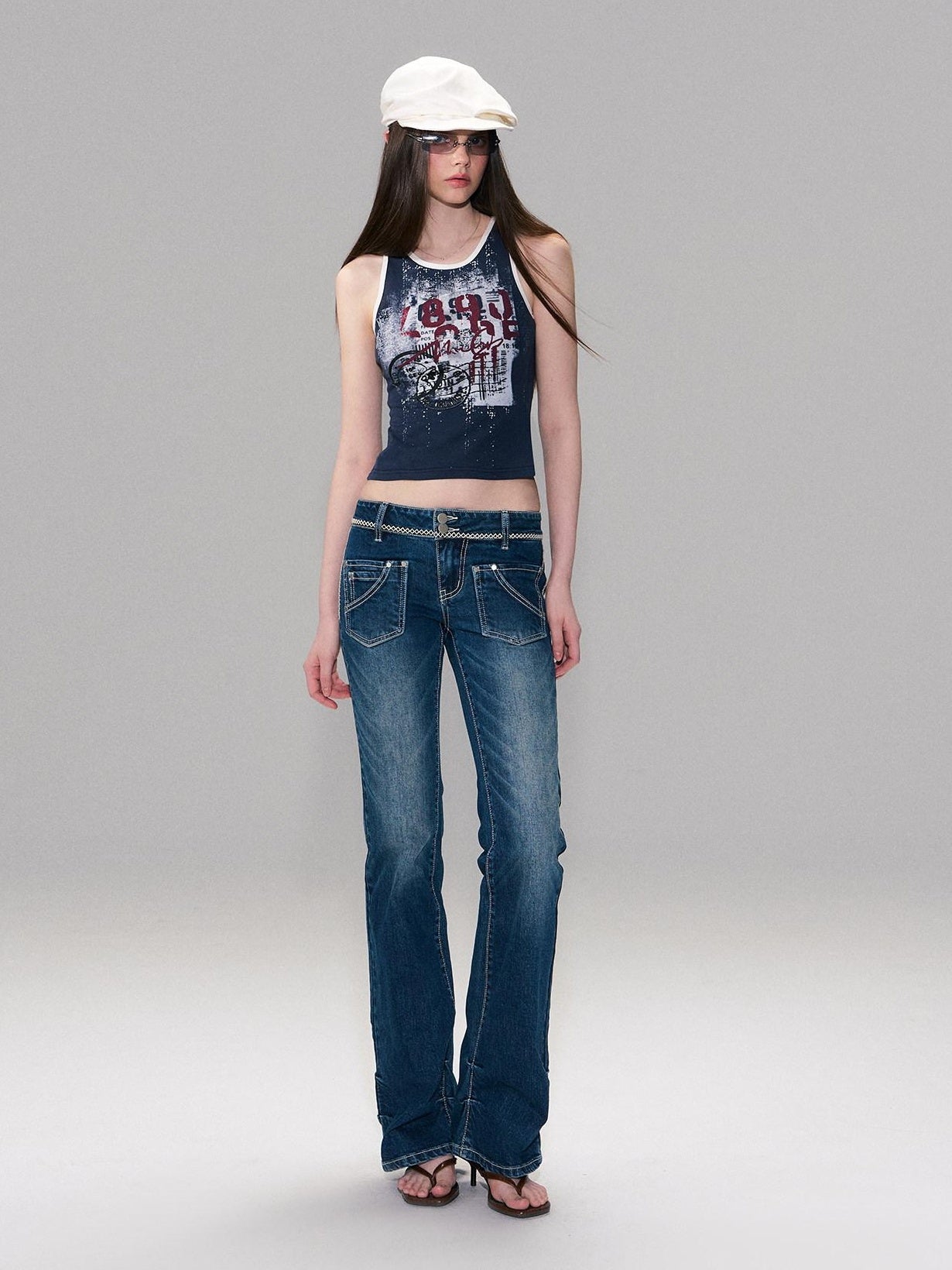 The NeverMore Soft Stretch Cotton Slim Fit Round Neck Printed Cropped Women Navy Camisoles