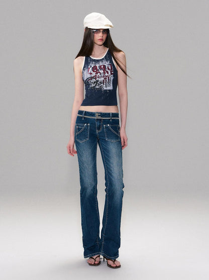 The NeverMore Soft Stretch Cotton Slim Fit Round Neck Printed Cropped Women Navy Camisoles