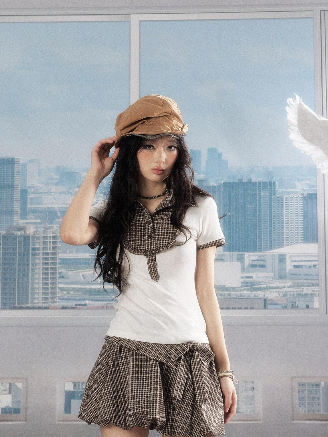 ALL iN plan Modal Waist Slimming Casual Collared A Sleeve Plaid Women Blouse