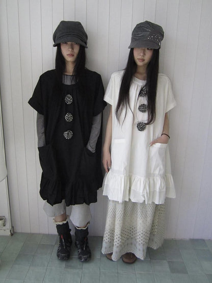 ang project Vintage 3D Floral Ruffle Double Layer Round Neck Women&