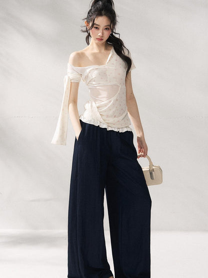 7Shiftin Floral Tie Slim Fit Casual Asymmetrical Neck Short Sleeve Women Basic Crop Tops