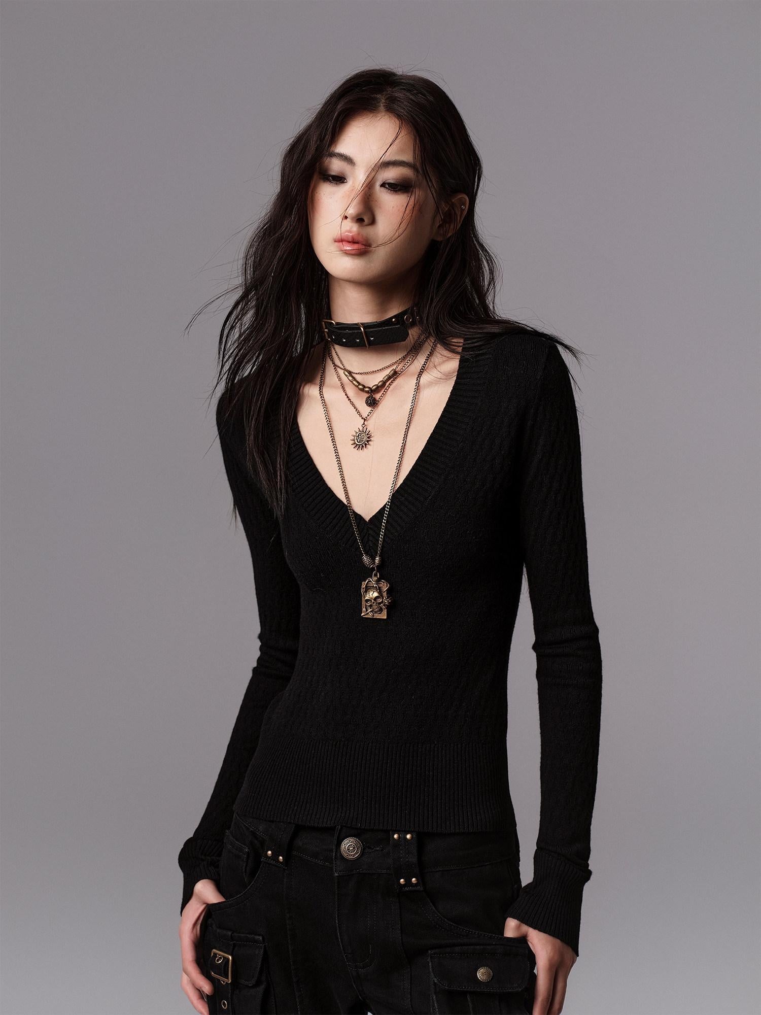 Low pixel Waist Cinched Gothic Slim V-neck Black Women Pullover Cropped Jackets