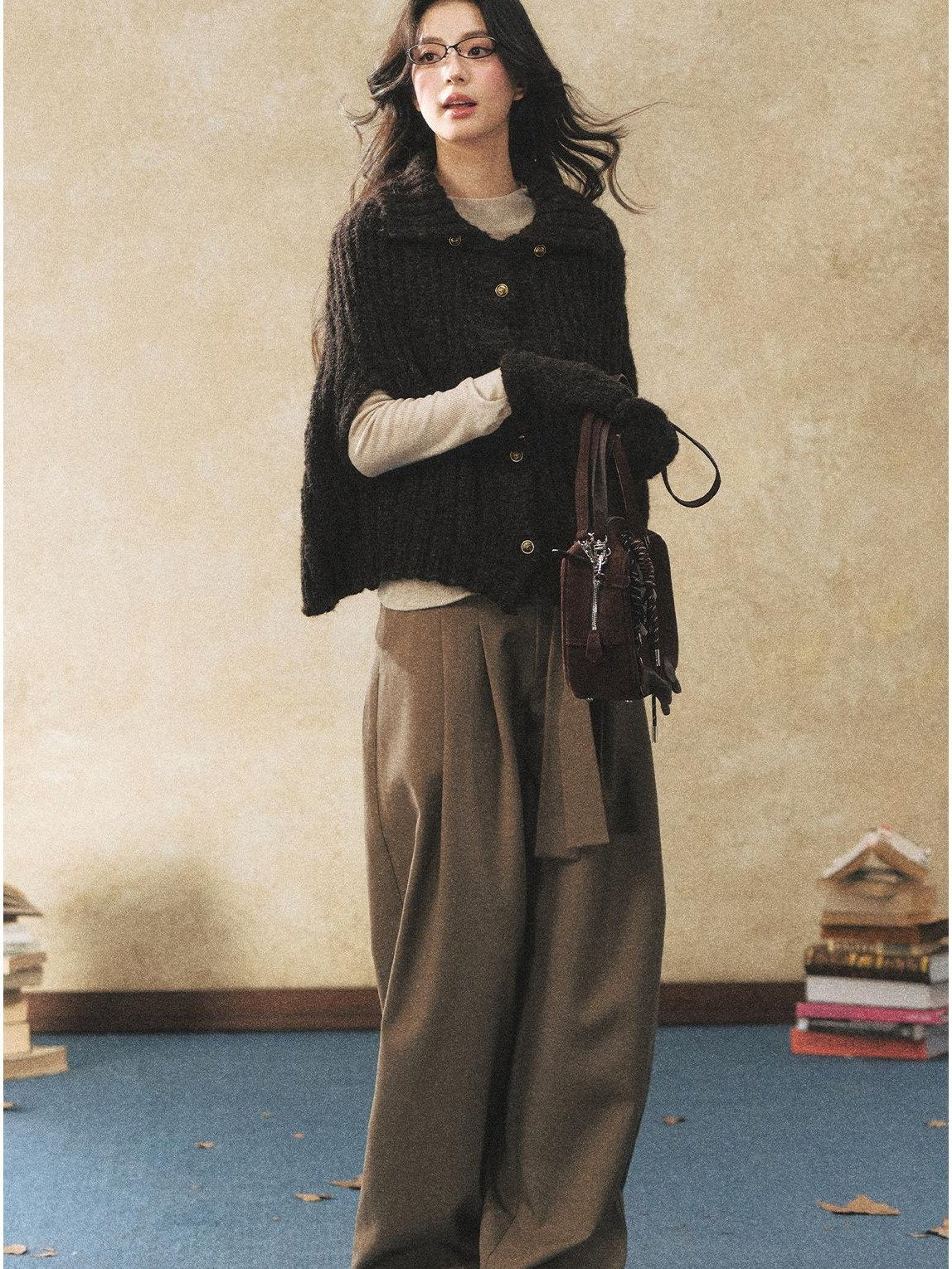 7Shiftin Pleated Wool Blend Natural Waist Casual Straight Hem Khaki Women Wide Leg Pants