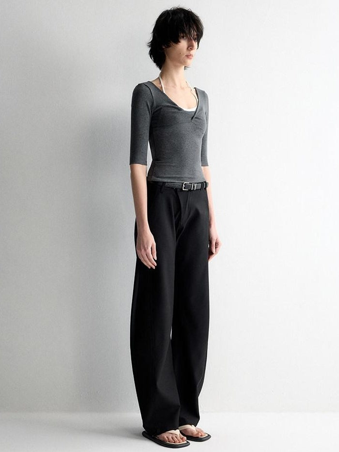 RUN TO THE FUTURE Soft Stretch Low Rise Minimal Loose Curved Tapered Women Classic Black Chinos