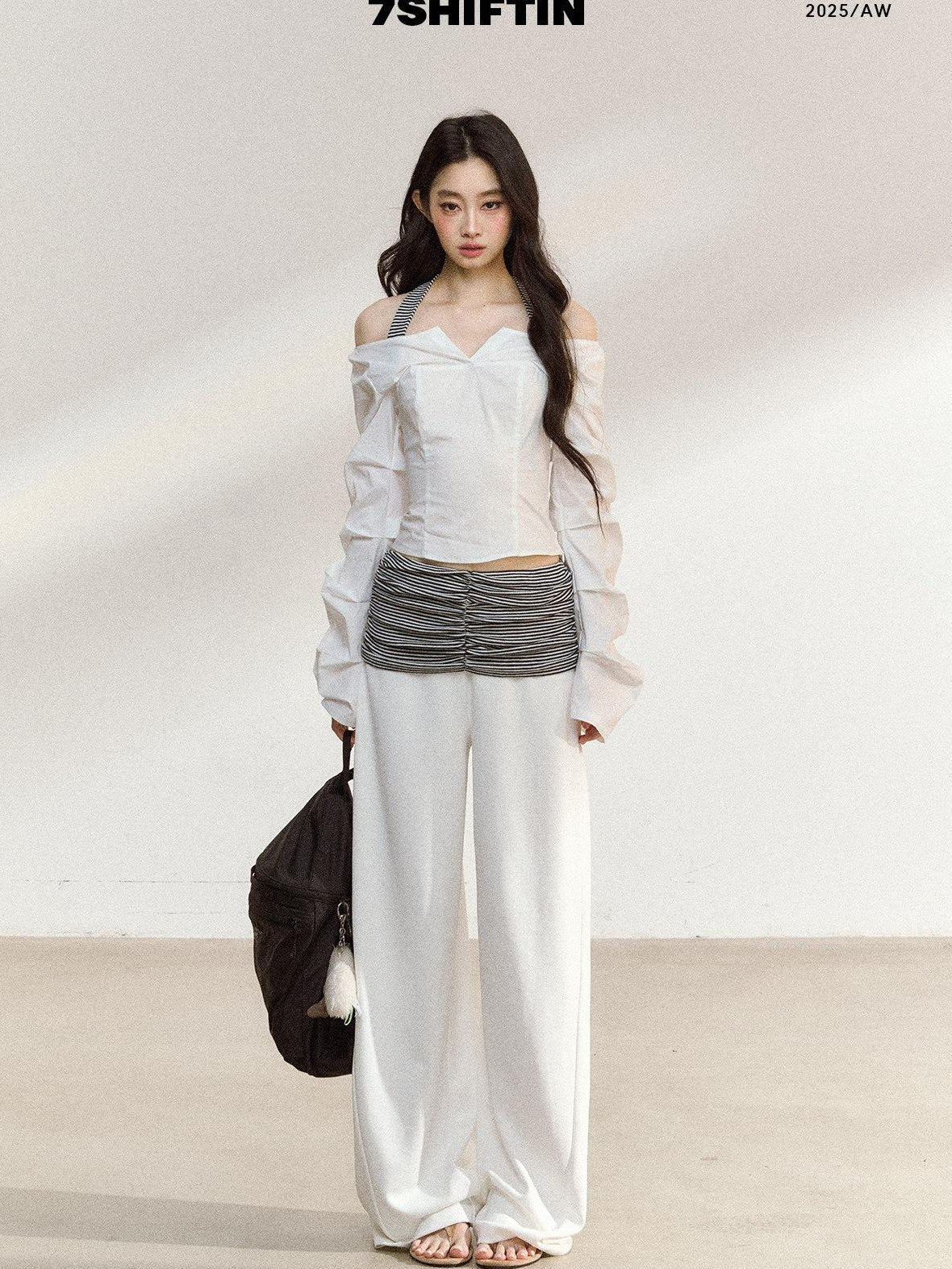 7Shiftin Recycled Fiber Stripe Patchwork Natural Waist Loose Women Wide Leg Pants