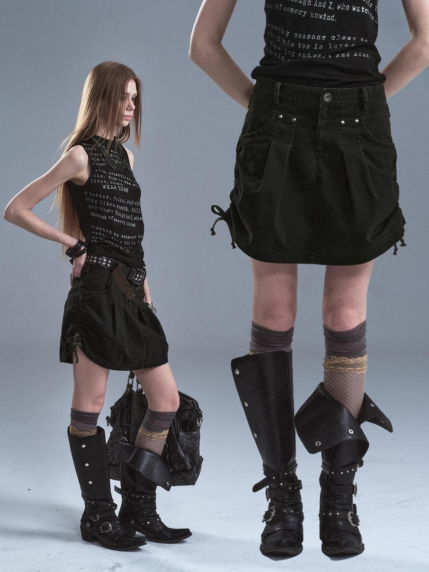 wear And tear Dark Green Riveted Side Drawstring Split Lace Up Women&