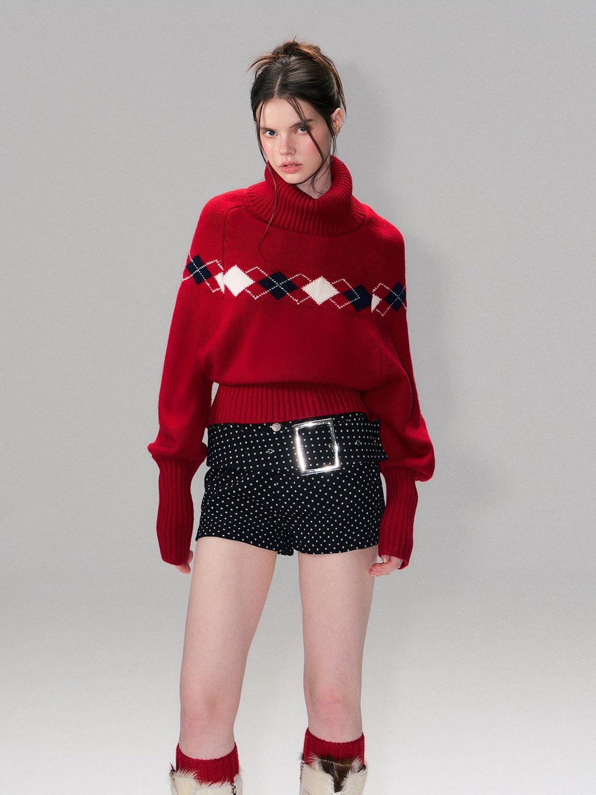 The NeverMore Warm Wool Pullover Vintage Jacquard Cape Batwing Women High Neck Red Sweaters