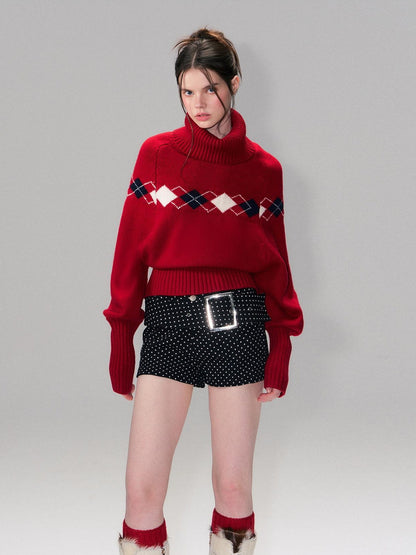 The NeverMore Warm Wool Pullover Vintage Jacquard Cape Batwing Women High Neck Red Sweaters