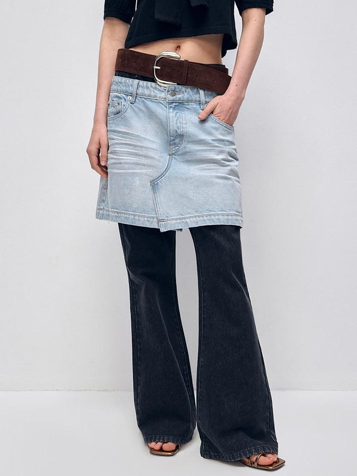 RUN TO THE FUTURE High Stretch Slim Fit Natural Waist Zipper Everyday Blue Black Denim Flare Jeans