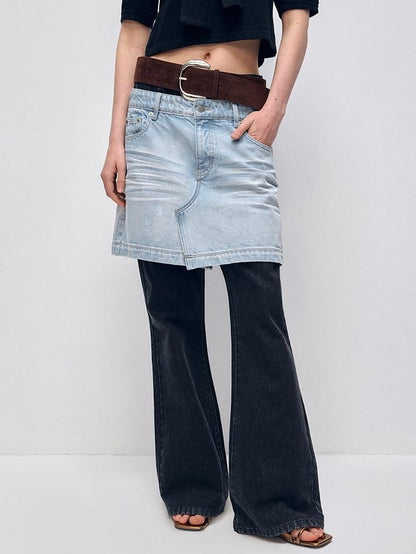 RUN TO THE FUTURE High Stretch Slim Fit Natural Waist Zipper Everyday Blue Black Denim Flare Jeans