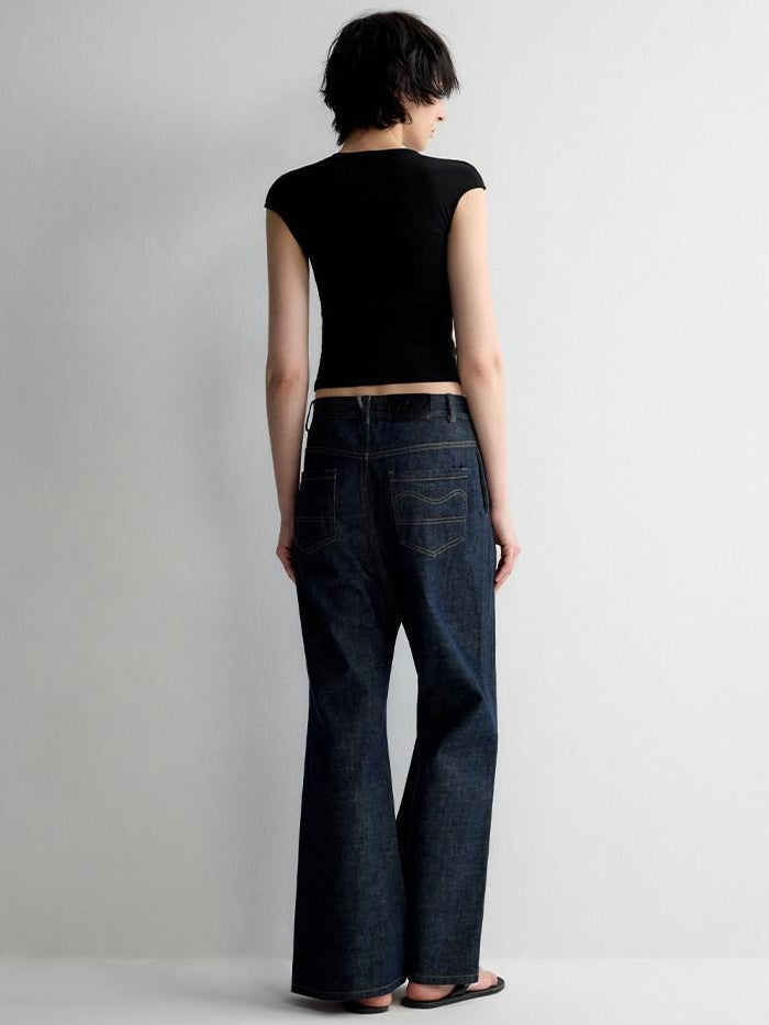 RUN TO THE FUTURE Durable Washed Casual Low Rise Wide Leg Dark Denim Flare Jeans